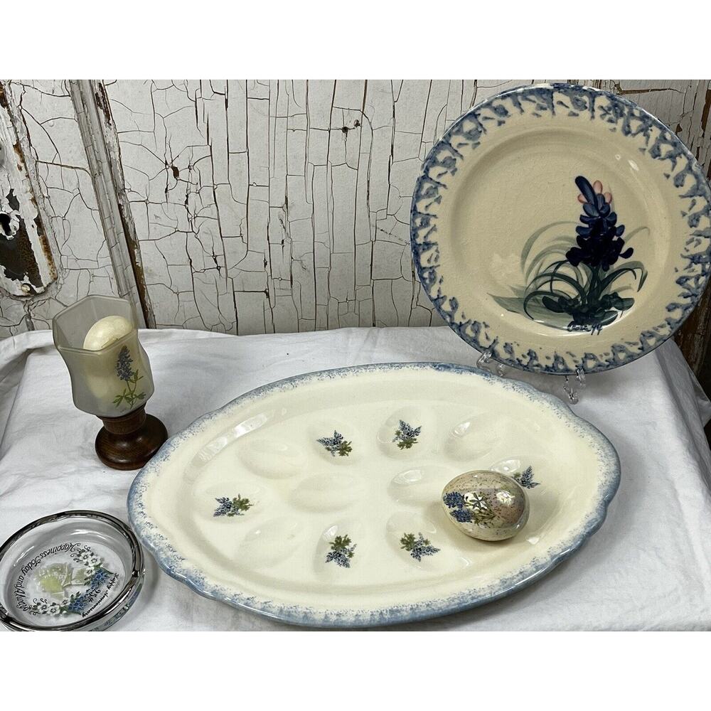 Vintage Hand Painted Art Pottery Texas Bluebonnet Plate Deviled Eggs Candle LOT
